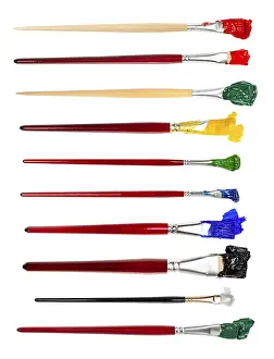 Colourful Art Supplies Prints: Set of flat brushes with different colored tips in blobs