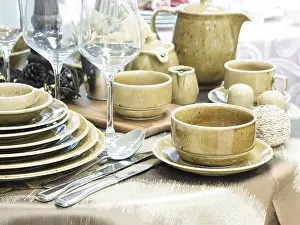 Elegant Dinner Setting Prints: Set of new dishes on table with tablecloth