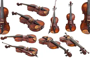 String Instrument Photography Prints: Set of old violins against white background