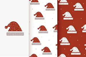 Empty Room With Christmas Decorations Prints: Set of seamless patterns of Christmas hat in flat style