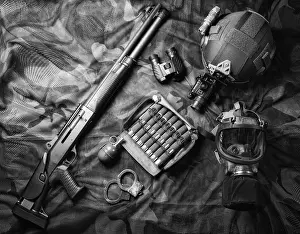 Deserted Crime Scene Prints: Set of weapons of a fighter of a special unit