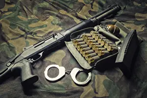 Deserted Crime Scene Prints: Set of weapons of a fighter of a special unit