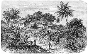 Prints of For a settlement on the Cameroon River, vintage engraved illustration. Journal des Voyage, Travel Journal, (1880-81) Related Prints: Vintage Print: Cameroon River Settlement, 1880-81