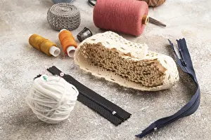 Embroidery Supplies Prints: Sewing accessories: scissors, thread