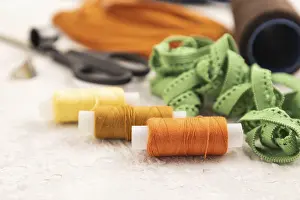 Handicraft Equipment Prints: Sewing accessories: scissors, thread