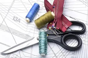 Deserted Sewing Shop Prints: Sewing pattern with sew instrument close up