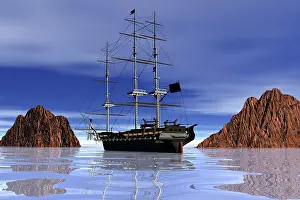 Rocky Waterfront Scene Prints: Ship between rocks, 3D graphics