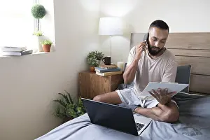 Entrepreneurial Mindset Prints: Full shot man working bed
