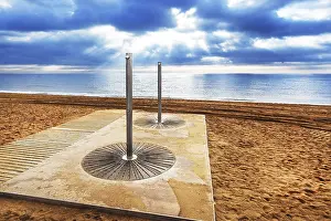 Sandy Ocean Beach Scenery Prints: Shower unit on the sandy beach