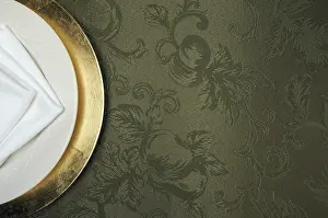 Uninhabited Dining Room Setup Prints: Silk background and plate setting overhead