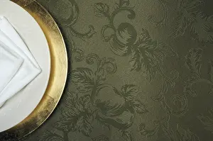Cuisine Still Life Images Prints: Silk background and plate setting overhead