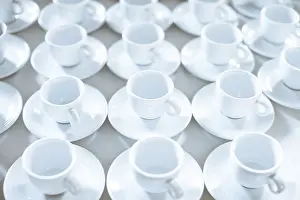 Coffee Cup Still Life Photography Prints: Simple pattern made of empty cups of coffee in the restourant buffet