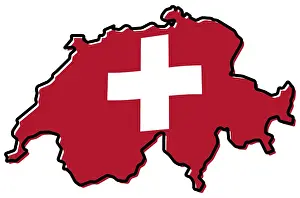 Prints of Simplified map of Switzerland outline, with slightly bent flag under it Map Prints: Simplified Map of Switzerland Outline Print