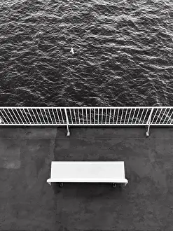 View From Above Ireland Prints: Single bench from above, railing