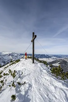 Winter Sports Germany Prints: Ski tourer at the summit of the Simetsberg with summit cross