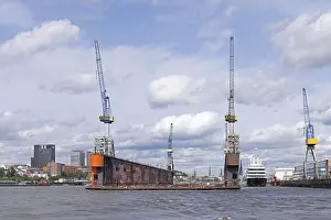 Prints of Skyscrapers, Blohm and Voss shipyard, yacht, clouds, Elbe, Hamburg, Germany Hamburg Prints: Print of Hamburg's Skyscrapers and Blohm & Voss Shipyard