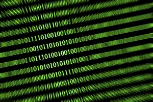 Black Background Art Prints: Slanted green binary code on a black background