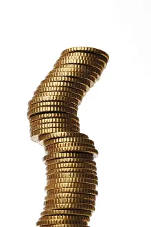 Euro Coin Stack Prints: Slanted stack of euro coins, stack of money