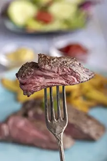Meat Dish Photography Prints: Slice of steak on a fork