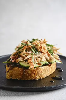 Savory Food Photography Prints: A slice of toast is topped with pulled pork
