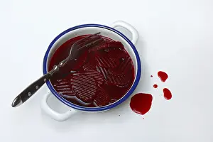 Healthy Eating Food Prints: Sliced pickled beetroot with peel and fork