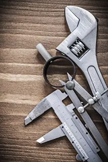 Detail View Of Tools Prints: Slide caliper pair of compasses adjustable spanner construction concept
