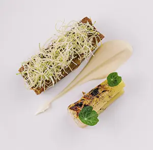 Minimalist Food Photography Prints: Two small courses are presented on a white plate