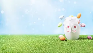 Easter Bunny Prints: A small rabbit rummages in a pot of Easter eggs