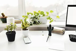 Home Office Setup Ideas Prints: Smartphone on white table, work from home