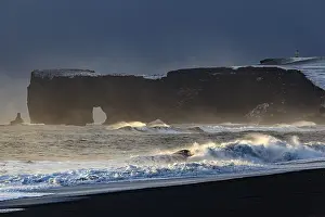 Vik Iceland Prints: Snowy beach, waves, wind, dark clouds