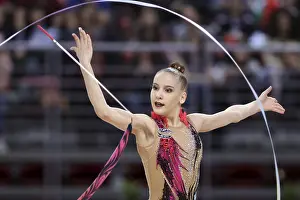 Prints of Sofia, Bulgaria - 1 April, 2018: Sabina Tashkenbaeva Uzbekistan performs with ribbon during Rhythmic Gymnastics World Cup Sofia 2018. Individual tournament Uzbekistan Prints: Rhythmic Gymnastics World Cup Sofia 2018 Print