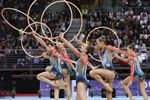 Prints of Sofia, Bulgaria - 1 April, 2018: Team Belarus performs with balls and ropes during Rhythmic Gymnastics World Cup Sofia 2018. Group tournament Belarus Prints: Rhythmic Gymnastics World Cup Sofia 2018 Print