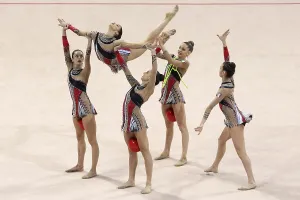 Prints of Sofia, Bulgaria - 1 April, 2018: Team Italy performs with balls and ropes during Rhythmic Gymnastics World Cup Sofia 2018. Group tournament Sofia Prints: Rhythmic Gymnastics World Cup Sofia 2018 Print