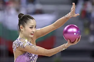 Prints of Sofia, Bulgaria - 1 April, 2018: Kaho Minagawa Japan performs with ball during Rhythmic Gymnastics World Cup Sofia 2018. Individual tournament Sofia Prints: Rhythmic Gymnastics World Cup Sofia 2018 Print