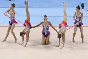 Prints of Sofia, Bulgaria - 1 April, 2018: Team Belarus performs with balls and ropes during Rhythmic Gymnastics World Cup Sofia 2018. Group tournament Related Image Prints: Rhythmic Gymnastics World Cup Sofia 2018 Print