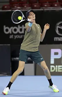Prints of Sofia, Bulgaria - 12 November, 2020: Italy's Jannik Sinner in action during his quarter-final match against Australia's Alex de Minaur during the Sofia Open ATP 250 tennis tournament, Sofia Sport Prints: Sofia, Bulgaria Tennis Print - Jannik Sinner in Action