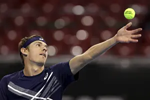 Prints of Sofia, Bulgaria - 12 November, 2020: Australia's Alex de Minaur serves during his quarter-final match against Italy's Jannik Sinner during the Sofia Open ATP 250 tennis tournament, Sofia Sofia Prints: Sofia, Bulgaria Tennis Print - 12 November 2020