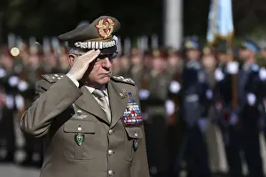 Prints of Sofia, Bulgaria: 22 April, 2021: Chairman of the European Union Military Committee General Claudio Graziano marches in front of Bulgarian soldiers during his official welcoming ceremony, Sofia Sofia Prints: Sofia, Bulgaria Print: EU Military Committee Chairman Visit