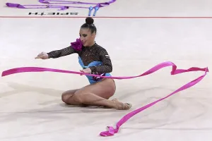 Prints of Sofia, Bulgaria - 27 March, 2021: Katrin Taseva of Bulgaria performs during the individual Ribbon qualifications at the 2021 Rhythmic Gymnastics Sofia World Cup, Sofia, Bulgaria Sport Prints: Rhythmic Gymnastics Sofia World Cup Print, Bulgaria 2021