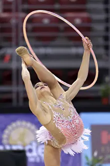 Prints of Sofia, Bulgaria - 30 March, 2018: Sara Llana Spain performs with hoop during Rhythmic Gymnastics World Cup Sofia 2018. Individual tournament Sofia Prints: Rhythmic Gymnastics World Cup Sofia 2018 Print