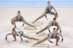 Prints of Sofia, Bulgaria - 30 March, 2018: Team Slovenia performs with hoops during Rhythmic Gymnastics World Cup Sofia 2018. Group tournament Sofia Prints: Rhythmic Gymnastics World Cup Sofia 2018 Print