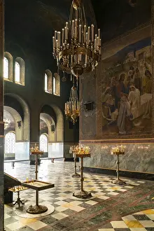 Prints of Sofia, Bulgaria, 30 October, 2022: interior view of the main hall of the Alexander Nevsky Cathedral with votive candles and images Sofia Prints: Alexander Nevsky Cathedral Interior Print, Sofia, Bulgaria