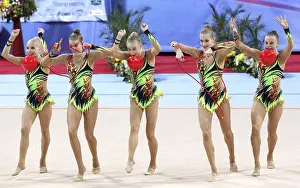 Prints of Sofia, Bulgaria - 7 May, 2017: Team Finland performs during Rhythmic Gymnastics World Cup Sofia 2017. Group tournament Sofia Prints: Rhythmic Gymnastics World Cup Sofia 2017 Print