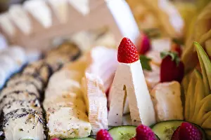 Cheese Nutrition Facts Prints: Soft cheese on a platter at a buffet