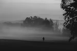 Dense Fog Atmosphere Prints: Solitude theme image with the silhouette of a man