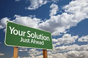 Tourist Information Sign Prints: Your solution green road sign over dramatic clouds and sky