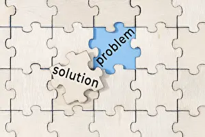 Jigsaw Puzzle Solution Prints: Solution to the problem concept. Puzzle with text