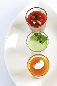 Gazpacho Soup Prints: Three soups in glasses, gazpacho