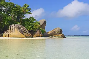 Granite Rock Formations Prints: Source d'Argent beach, rocks and palm trees