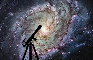 Telescope Silhouette Prints: Space background with silhouette of telescope